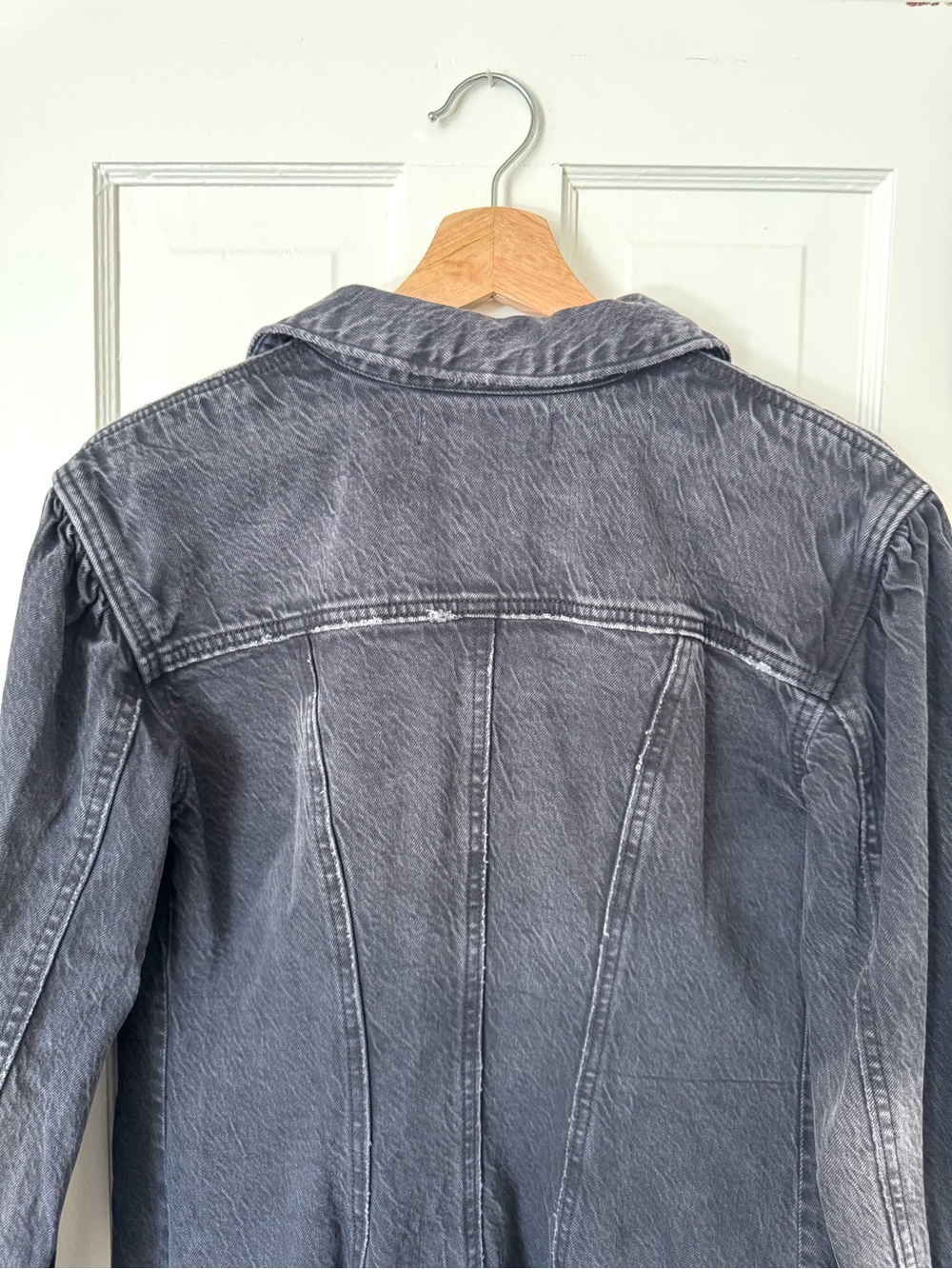 We The Free Washed Black Long Denim Jacket Distressed Over Coat - Picture 9 of 10